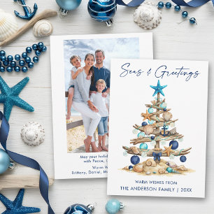 Cartão De Festividades Árvore Aquarela Mar e Saudações Foto Praia