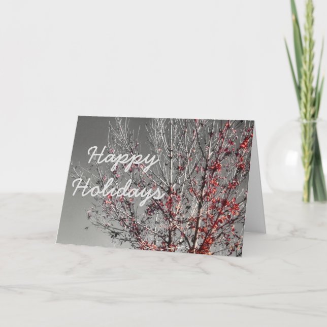 Cartão De Festividades Árvore com folhas vermelhas Felizes Feriados (Frente)