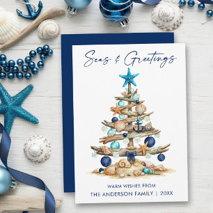 Cartão De Festividades Árvore de Aquarela no Mar e Saudações Azul