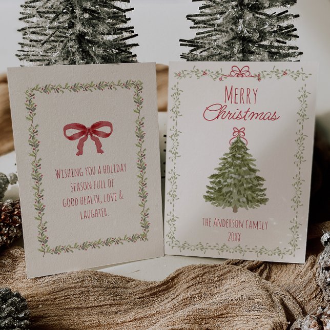 Cartão De Festividades Árvore de Arco de Natal Verde com Aquarela sem Fot (Criador carregado)