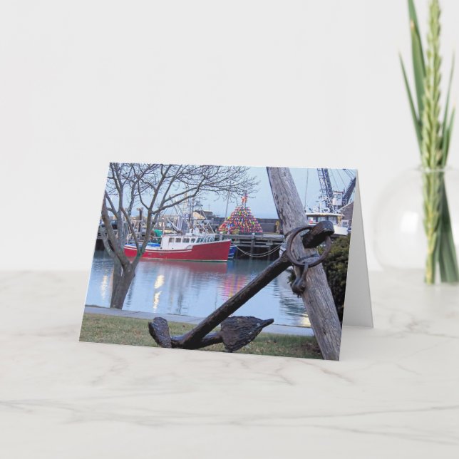 Cartão De Festividades Árvore de armadilha de lagosta iluminada em Plymou (Frente)