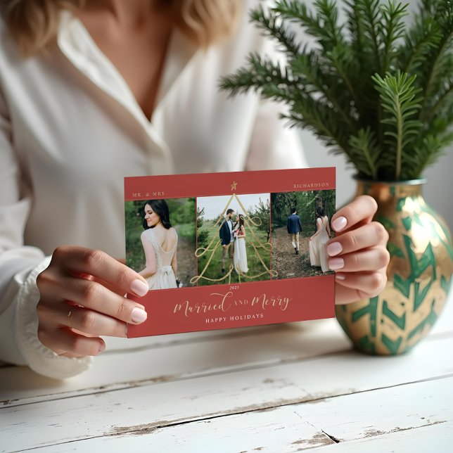 Cartão De Festividades Árvore de Férias Douradas Elegante Casada e Feliz  (Married & Merry Elegant Gold Holiday Tree 3 Photo)