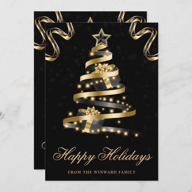 Cartão De Festividades Árvore de Fita Esparta Preta e Dourada (Frente/Verso)