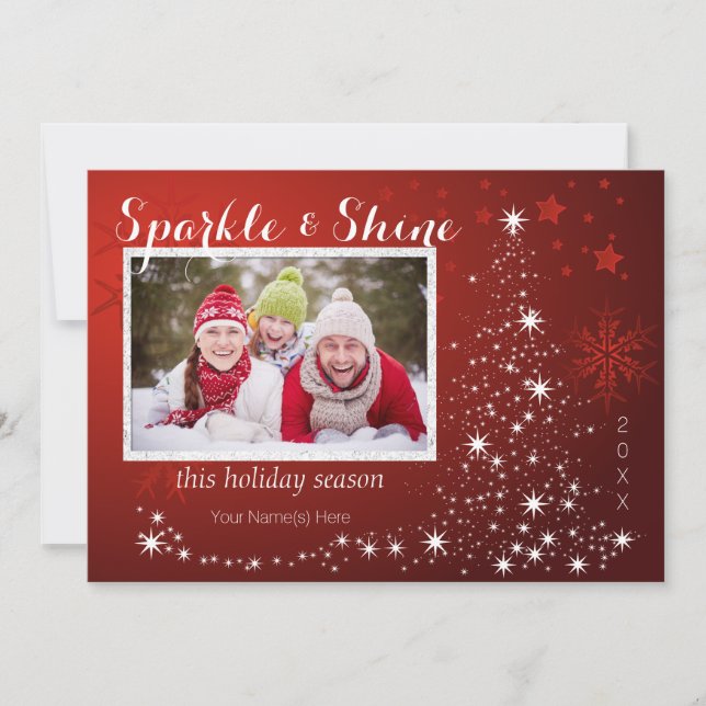 Cartão De Festividades Árvore de luzes brancas com quatro fotos (Frente)