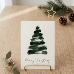 Cartão De Festividades Árvore de Natal Abstrata em Aquarela Verde Escuro