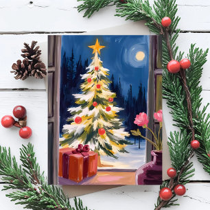 Cartão De Festividades Árvore de Natal Aguarela Feliz Natal
