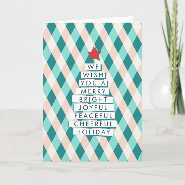 Cartão De Festividades Árvore de Natal alegre - Palavras de Alegria (Frente)