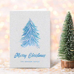 Cartão De Festividades Árvore de Natal Aquarela Azul Simples Alegre