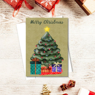 Cartão De Festividades Árvore de Natal Aquarela Feliz Natal