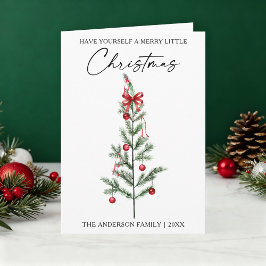 Cartão De Festividades Árvore de Natal Aquarela Laço Vermelho Dobra Calig