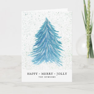 Cartão De Festividades Árvore de Natal Azul Alegre Desenho aquarela
