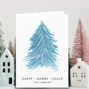 Cartão De Festividades Árvore de Natal Azul Alegre Desenho aquarela Holid