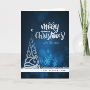Cartão De Festividades Árvore de Natal Azul Elegante com Brilho Prateado
