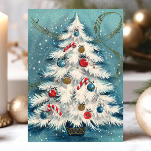 Cartão De Festividades Árvore de Natal Branca na Cena de Natal na Neve