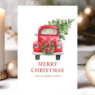 Cartão De Festividades Árvore de Natal Caminhão Vermelho Vintage Aquarela