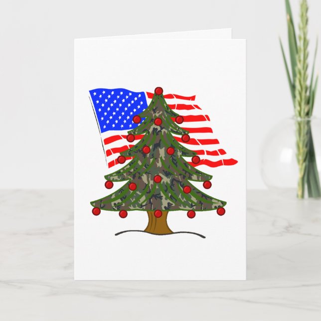Cartão De Festividades Árvore de Natal Camo com Bandeira Americana (Frente)
