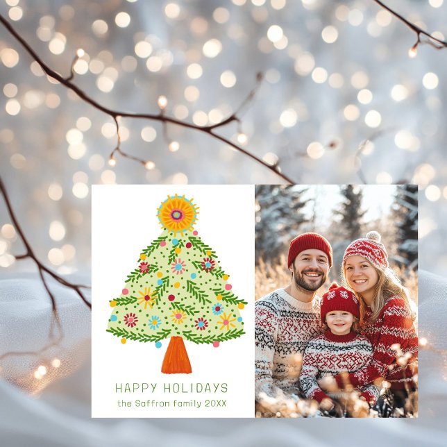 Cartão De Festividades Árvore de Natal Caprichosa com Gente CUSTOM PHOTO (Whimsical Folk Christmas Tree CUSTOM PHOTO Holiday Card
)