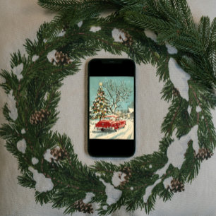 Cartão De Festividades Árvore de Natal Clássica Vintage Vermelha Vila do 