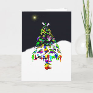 Cartão De Festividades Árvore de Natal colorida do pássaro na neve