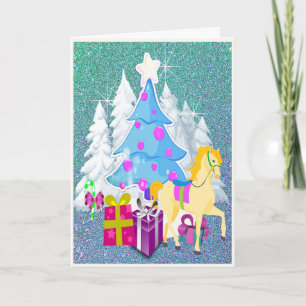 Cartão De Festividades Árvore de Natal com Cavalo e presentes FAUX Glitte