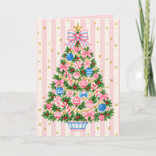Cartão De Festividades Árvore de Natal com Laço Rosa Listrado Caprichoso