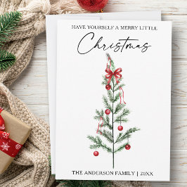 Cartão De Festividades Árvore de Natal com Laço Vermelho em Aquarela e Ca