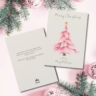 Cartão De Festividades Árvore de Natal com Letra Script Rosa em Aquarela