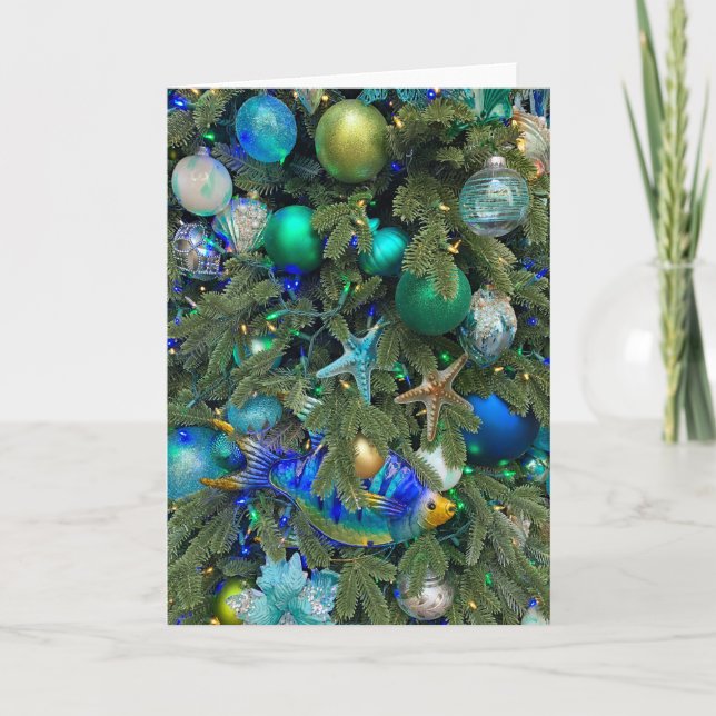 Cartão De Festividades Árvore de Natal com tema marinho (Frente)