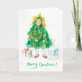 Cartão De Festividades árvore de Natal cumprimentos de Natal menina peque