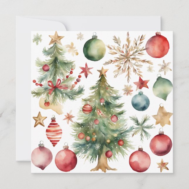 Cartão De Festividades Árvore de Natal de Aquarela com ornamentos (Frente)