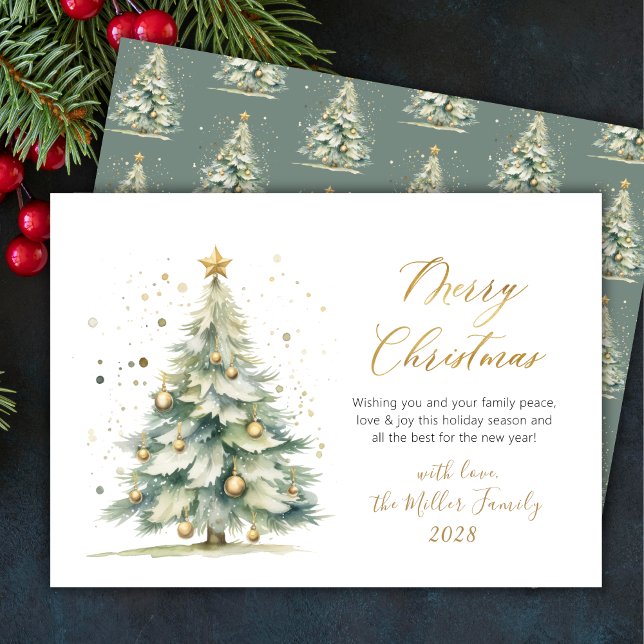 Cartão De Festividades Árvore de Natal de Aquarela Dourada Moderna (Criador carregado)