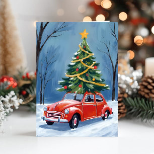 Cartão De Festividades Árvore de Natal de Carro Vermelho Antigo