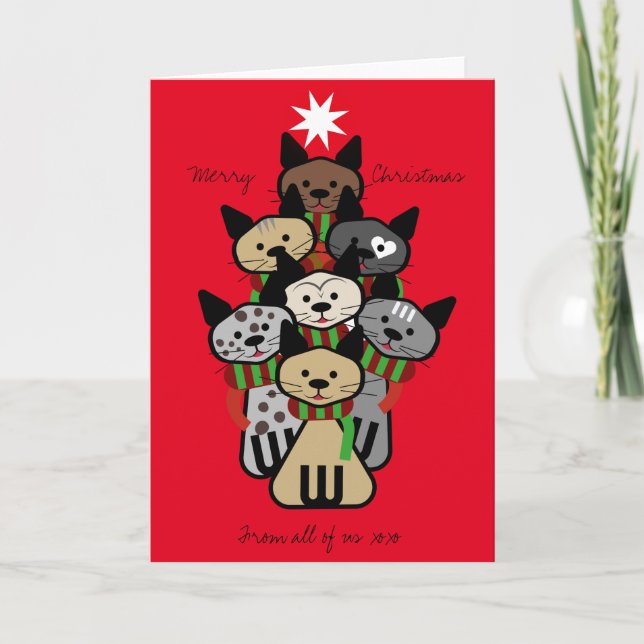 Cartão De Festividades Árvore de Natal de Felinos Festivos (Frente)