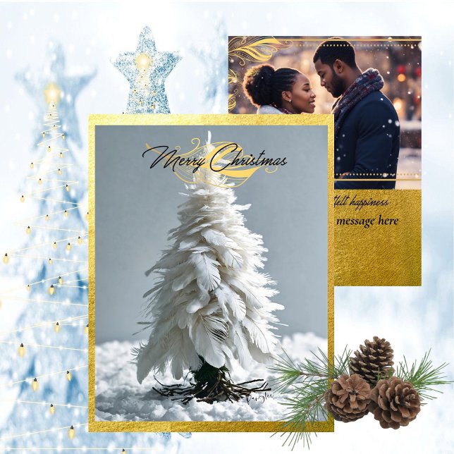 Cartão De Festividades Árvore de Natal de Penas Modernas | Foto (Wisps of White Feathers - Plops of Fresh Snow - Gleam of Golden Trim)