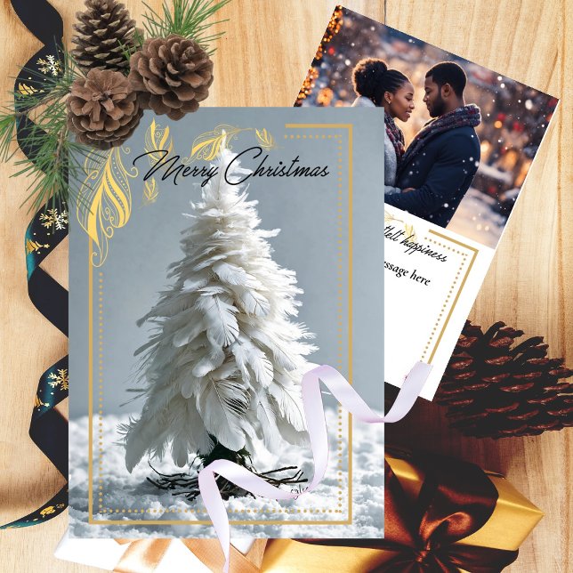 Cartão De Festividades Árvore de Natal de Penas Modernas | Foto (Miniature Art Feather Tree Trimmed in Gold Feather Frame - Elegant Christmas Card)