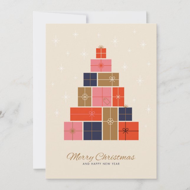 Cartão De Festividades Árvore de Natal de Pilha de Presentes (Frente)