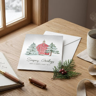 Cartão De Festividades Árvore de Natal de Pines Nórdicas de Aquarela Verm