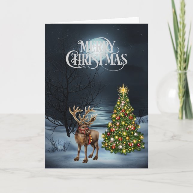 Cartão De Festividades Árvore de Natal de Reindeer na floresta (Frente)