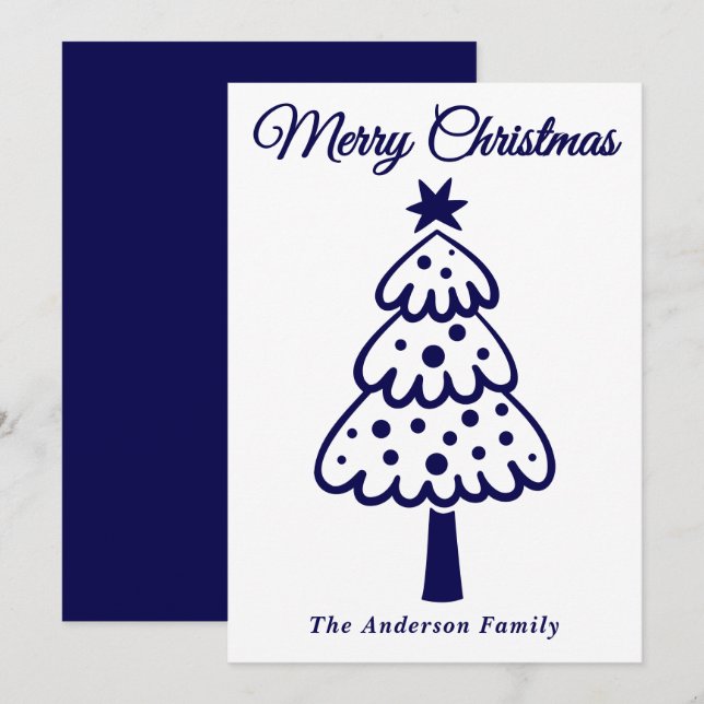Cartão De Festividades Árvore de Natal Desenhada com Mão Azul Marinho Whi (Frente/Verso)