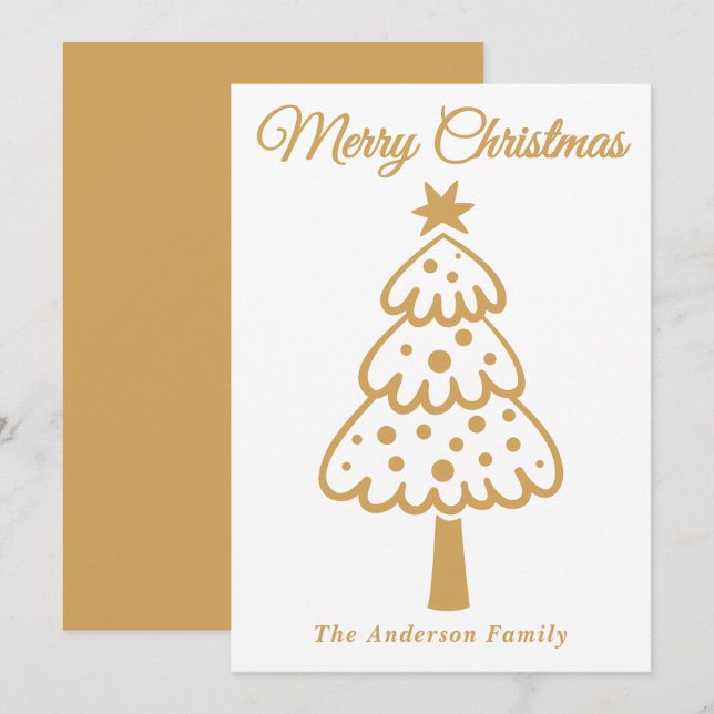 Cartão De Festividades Árvore de Natal Desenhada com Mão Dourada (Frente/Verso)