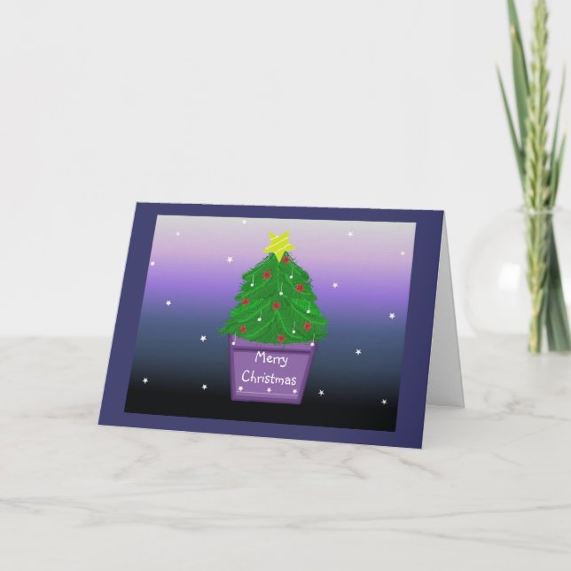 Cartão De Festividades Árvore de Natal Designer em Plantador Roxo (Frente)