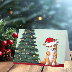 Cartão De Festividades Árvore de Natal do Corgi com Rabo e Chapéu de Papa