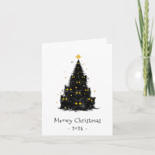 Cartão De Festividades Árvore de Natal do Gato Branco Preto Meowy