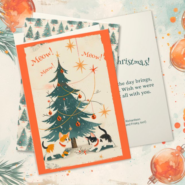 Cartão De Festividades Árvore de Natal dos Gatos Retro Bonitos dos anos 5 (Cute Retro Cats 1950s Christmas Tree Folded Card)