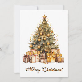 Cartão De Festividades Árvore de Natal Dourada Arte em Aquarela