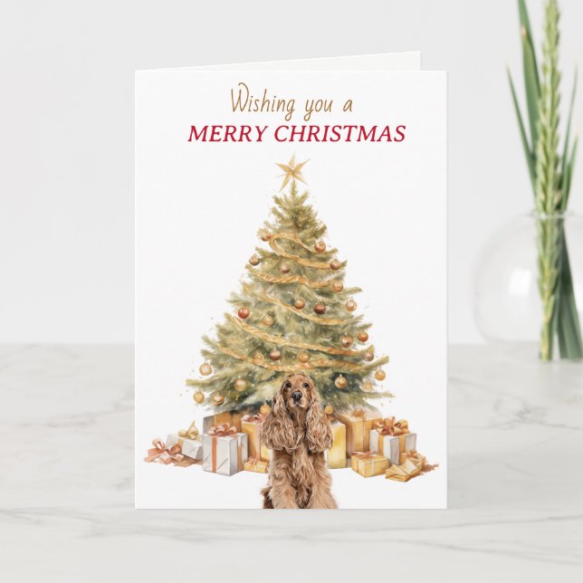 Cartão De Festividades Árvore de Natal Dourada Cocker Spaniel Natal (Frente)