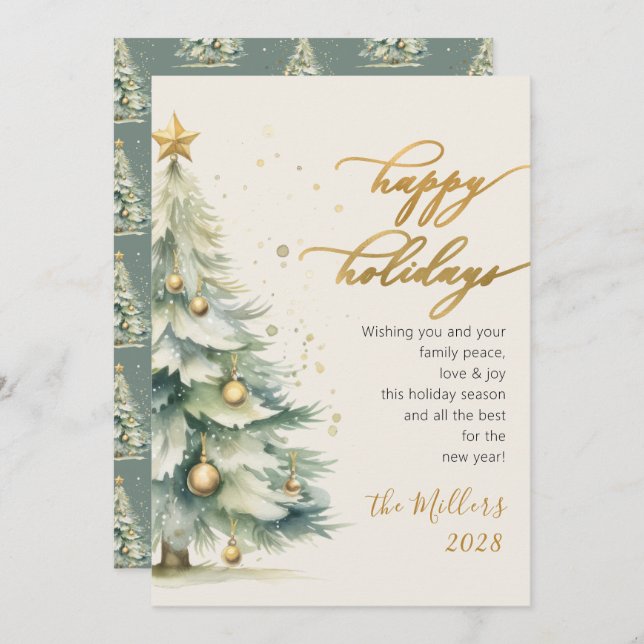 Cartão De Festividades Árvore de Natal Dourada de feriados felizes (Frente/Verso)