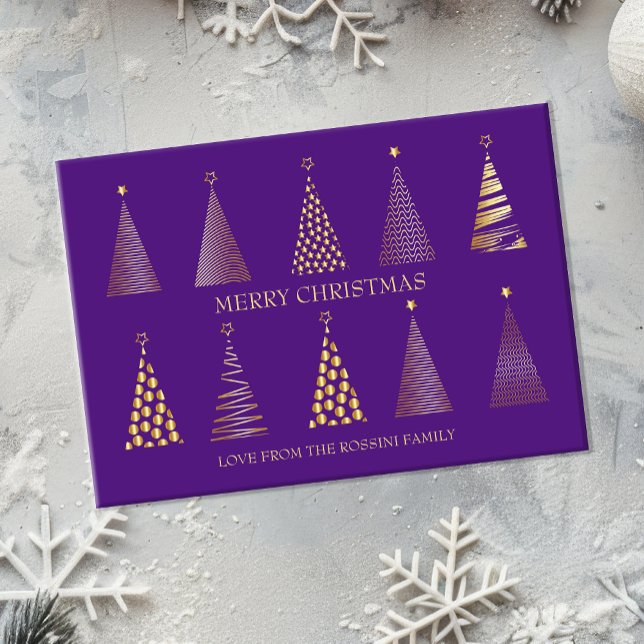 Cartão De Festividades Árvore de Natal Dourada e Roxa Moderna (Modern purple and gold christmas card)