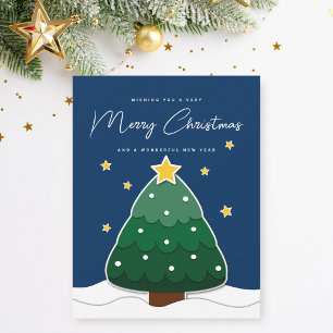 Cartão De Festividades Árvore de Natal e Estrelas Simples e Minimalista
