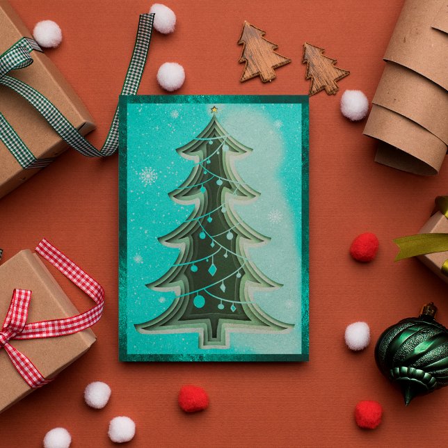 Cartão De Festividades Árvore de Natal Elegante Blue Teal Glitter Papercu (Front)